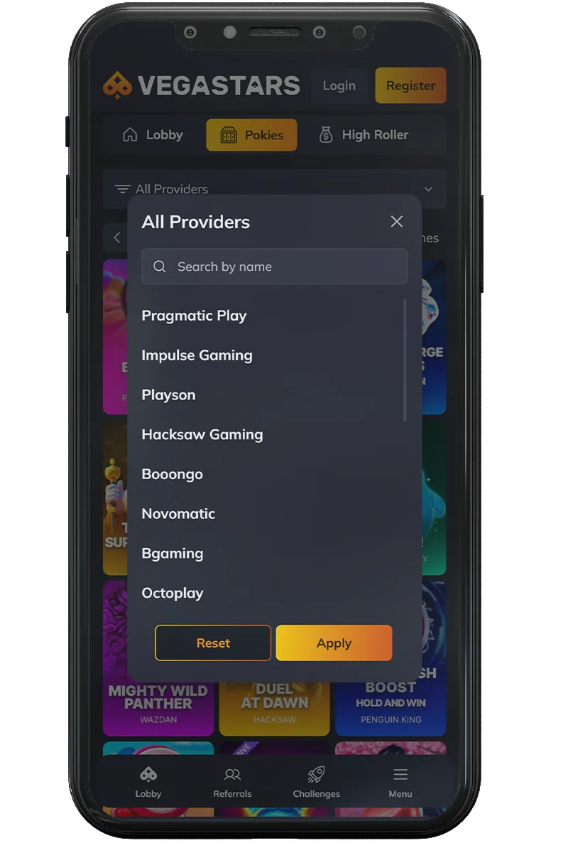 Screenshot of an online casino on a mobile phone